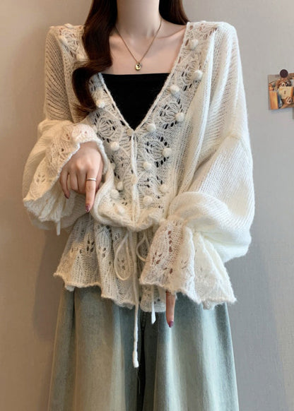 Bohemian White V Neck Hollow Out Knit Cardigans Fall