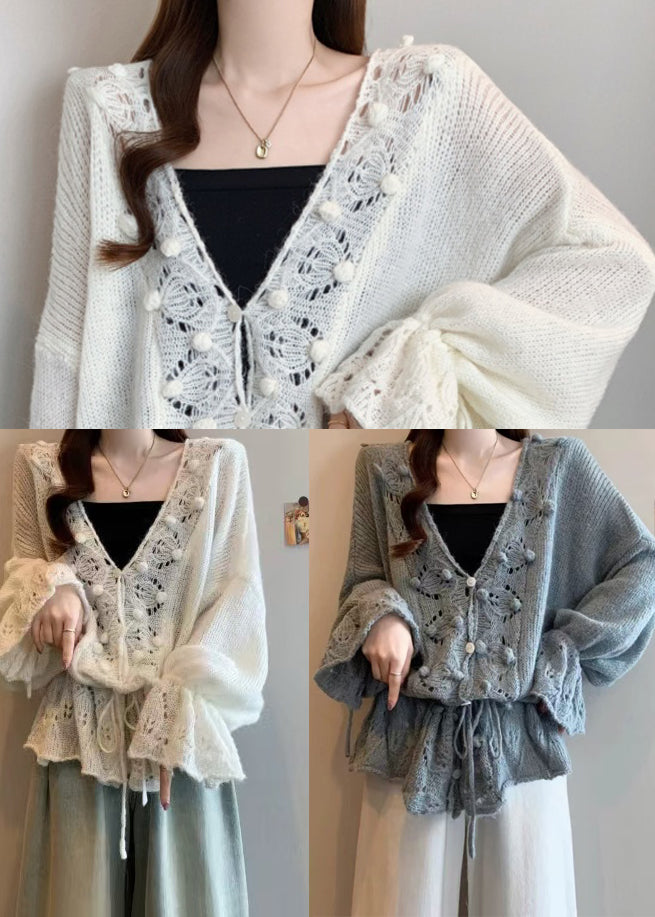 Bohemian White V Neck Hollow Out Knit Cardigans Fall
