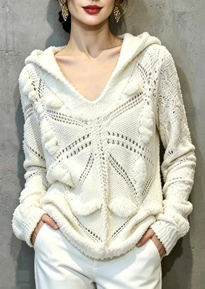 Bohemian White V Neck Hooded Knit Sweater Tops Fall