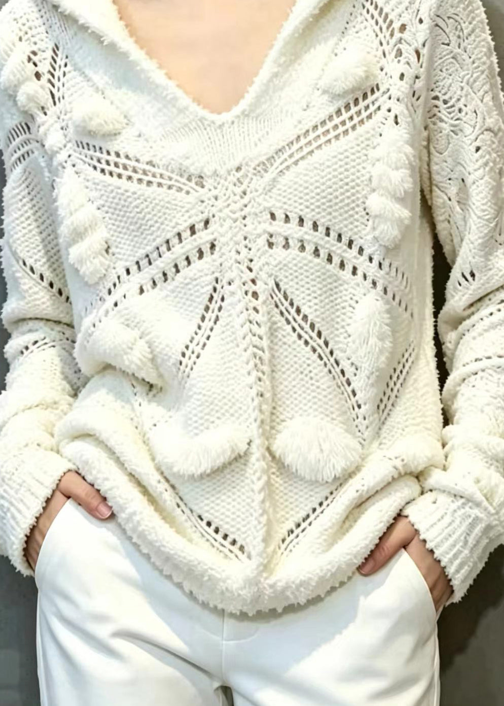 Bohemian White V Neck Hooded Knit Sweater Tops Fall