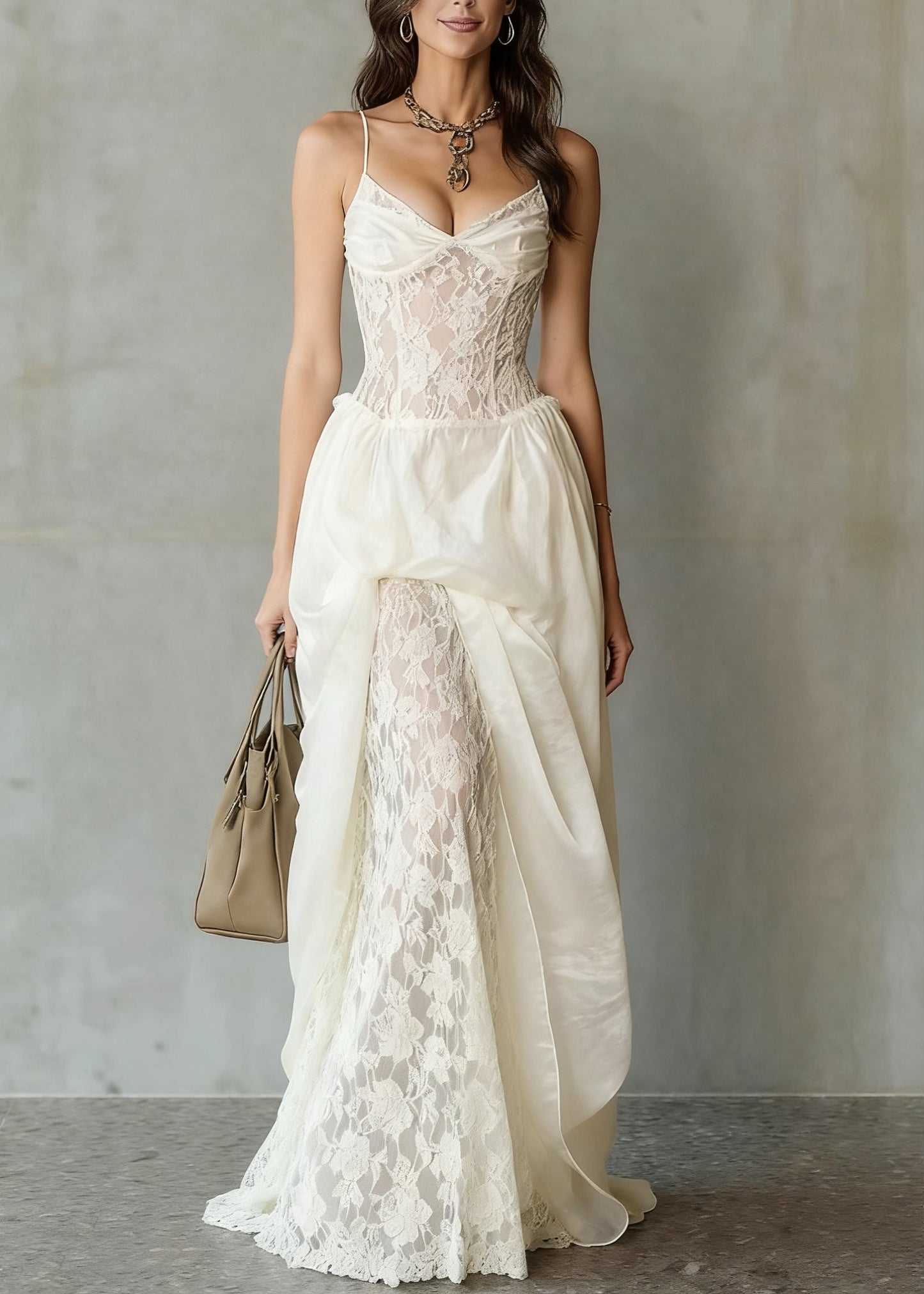 Bohemian White V Neck Lace Patchwork Spaghetti Strap Dress Sleeveless