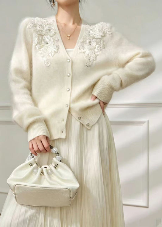 Bohemian White V Neck Nail Bead Knitted Cotton Thread Cardigan Fall
