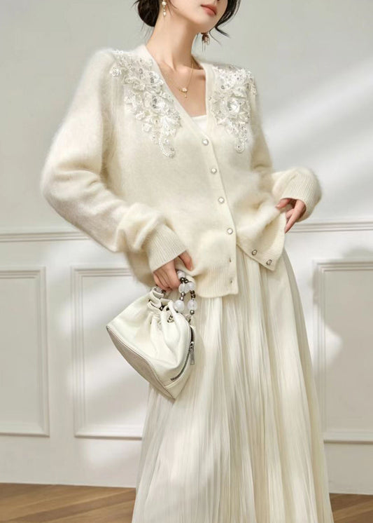 Bohemian White V Neck Nail Bead Knitted Cotton Thread Cardigan Fall