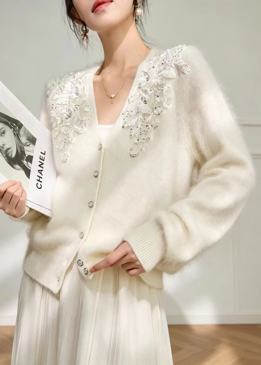 Bohemian White V Neck Nail Bead Knitted Cotton Thread Cardigan Fall