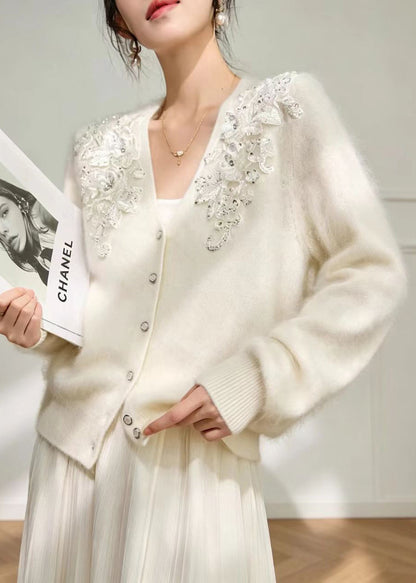 Bohemian White V Neck Nail Bead Knitted Cotton Thread Cardigan Fall