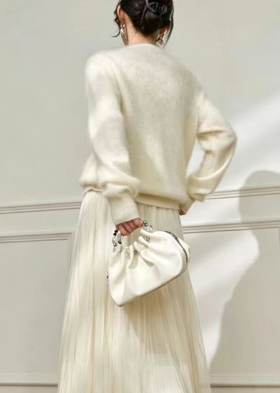 Bohemian White V Neck Nail Bead Knitted Cotton Thread Cardigan Fall