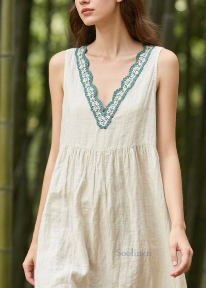 Bohemian White V Neck Patchwork Linen Straight Dress Sleeveless