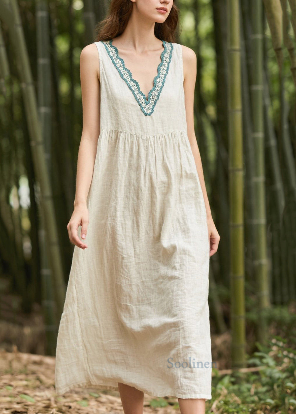 Bohemian White V Neck Patchwork Linen Straight Dress Sleeveless