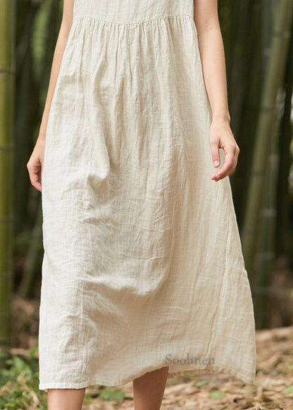 Bohemian White V Neck Patchwork Linen Straight Dress Sleeveless
