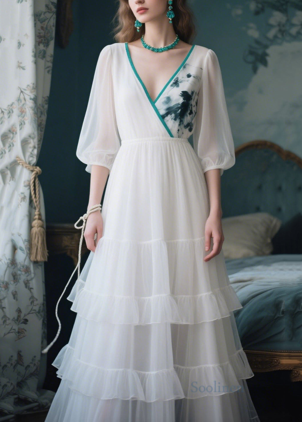 Bohemian White V Neck Patchwork Tulle Maxi Dress Summer