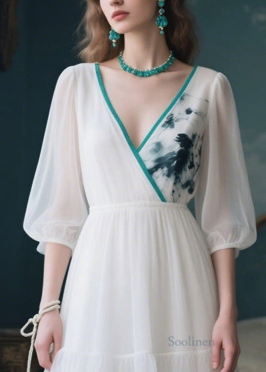 Bohemian White V Neck Patchwork Tulle Maxi Dress Summer