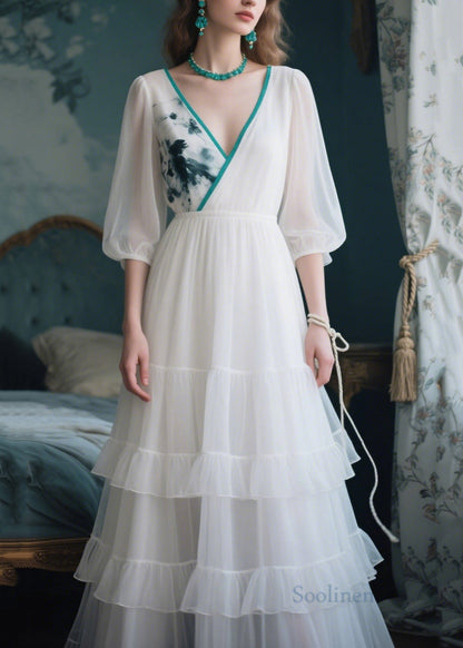 Bohemian White V Neck Patchwork Tulle Maxi Dress Summer