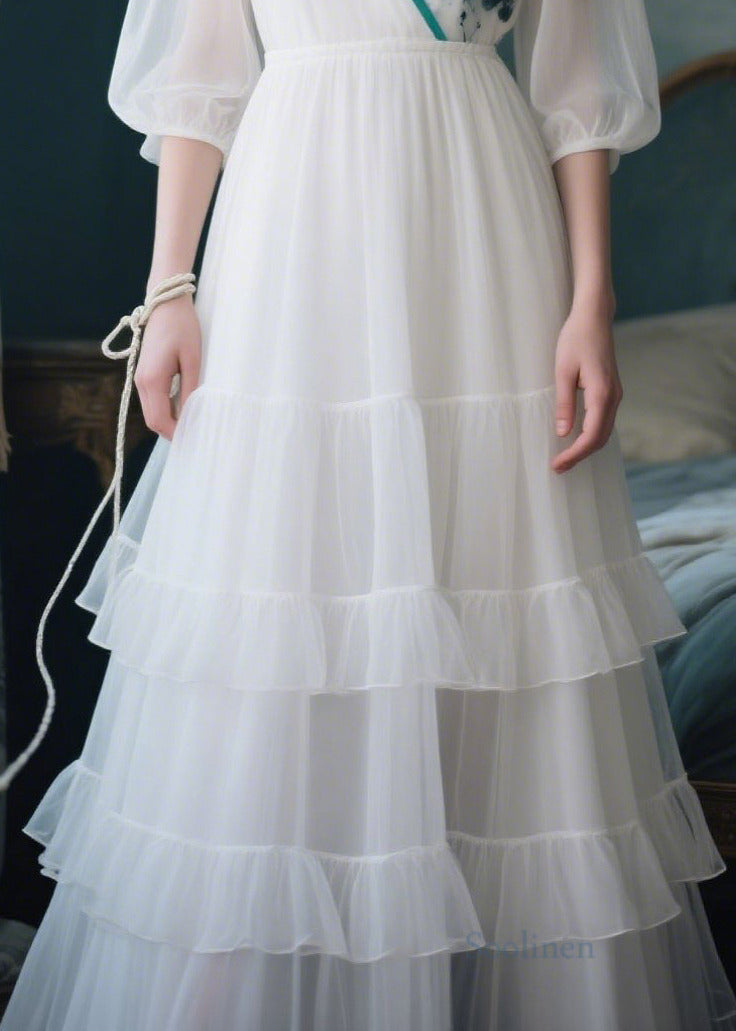 Bohemian White V Neck Patchwork Tulle Maxi Dress Summer