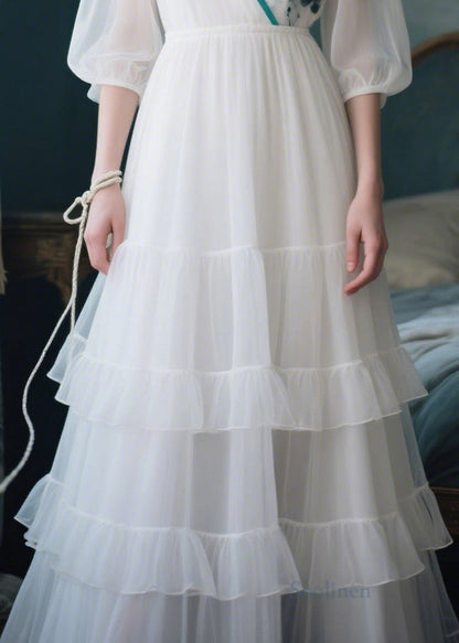 Bohemian White V Neck Patchwork Tulle Maxi Dress Summer