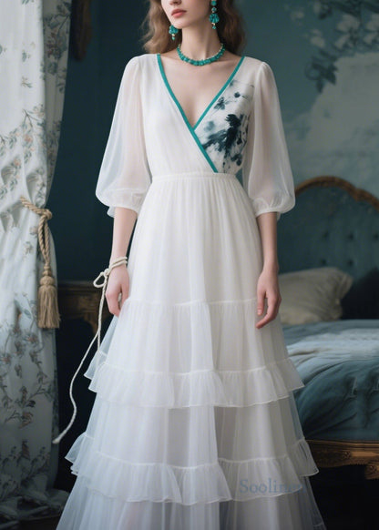 Bohemian White V Neck Patchwork Tulle Maxi Dress Summer