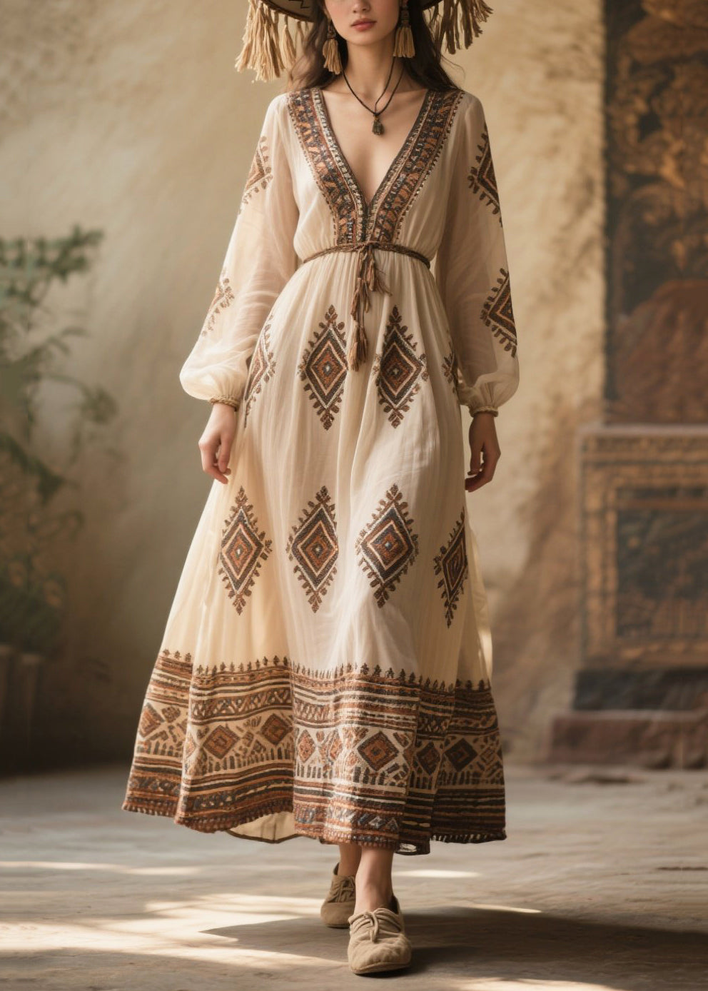 Bohemian White V Neck Print Chiffon Dresses Fall