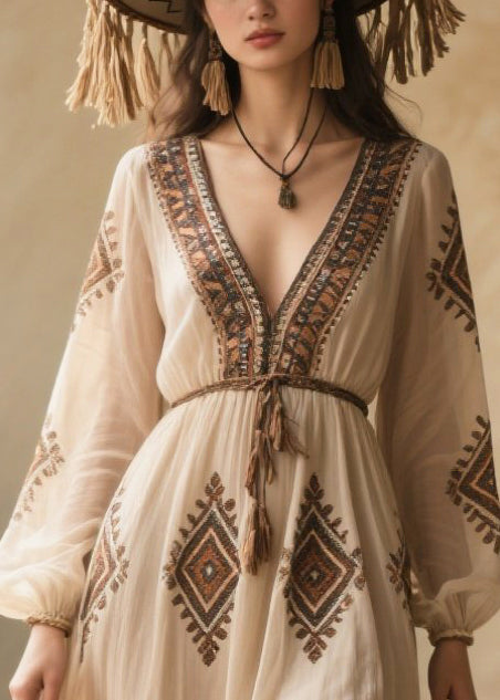 Bohemian White V Neck Print Chiffon Dresses Fall