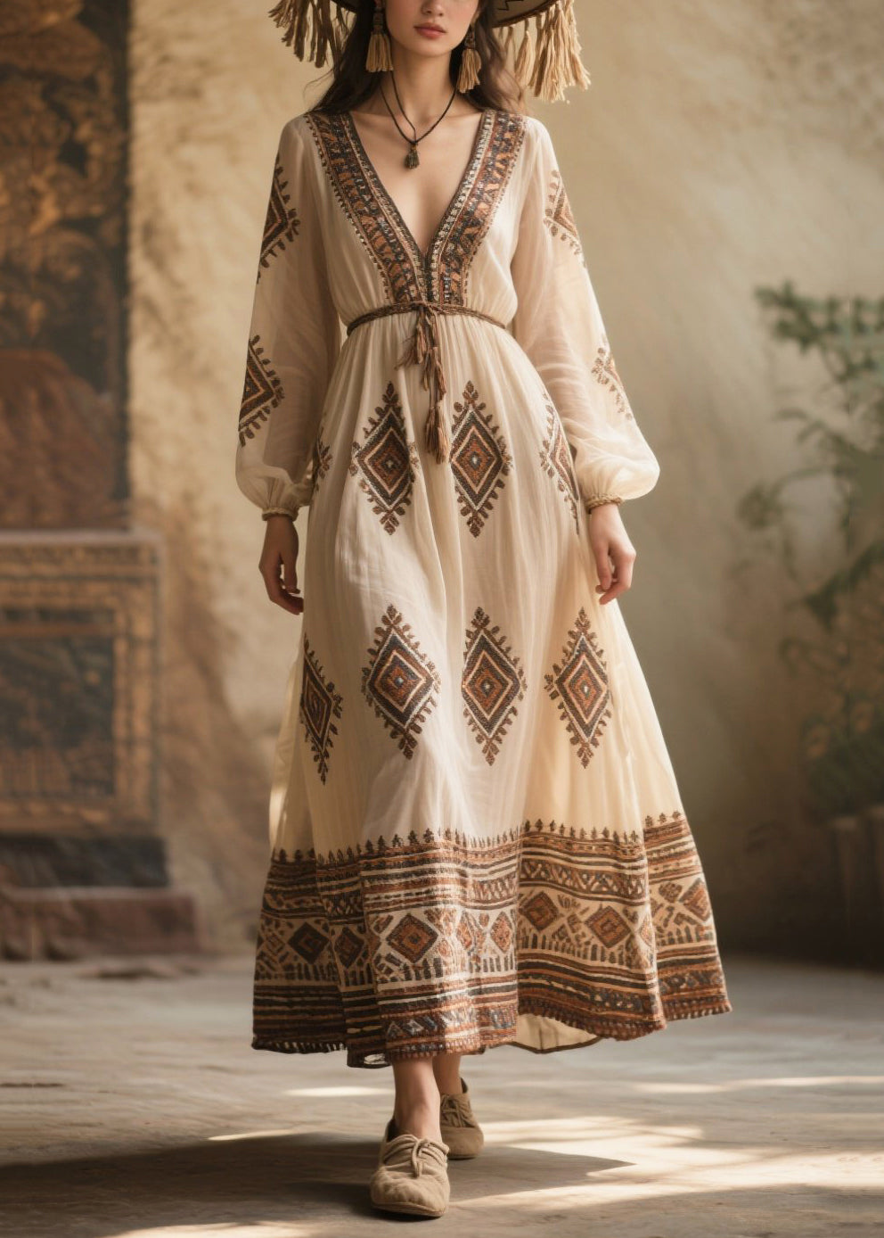 Bohemian White V Neck Print Chiffon Dresses Fall