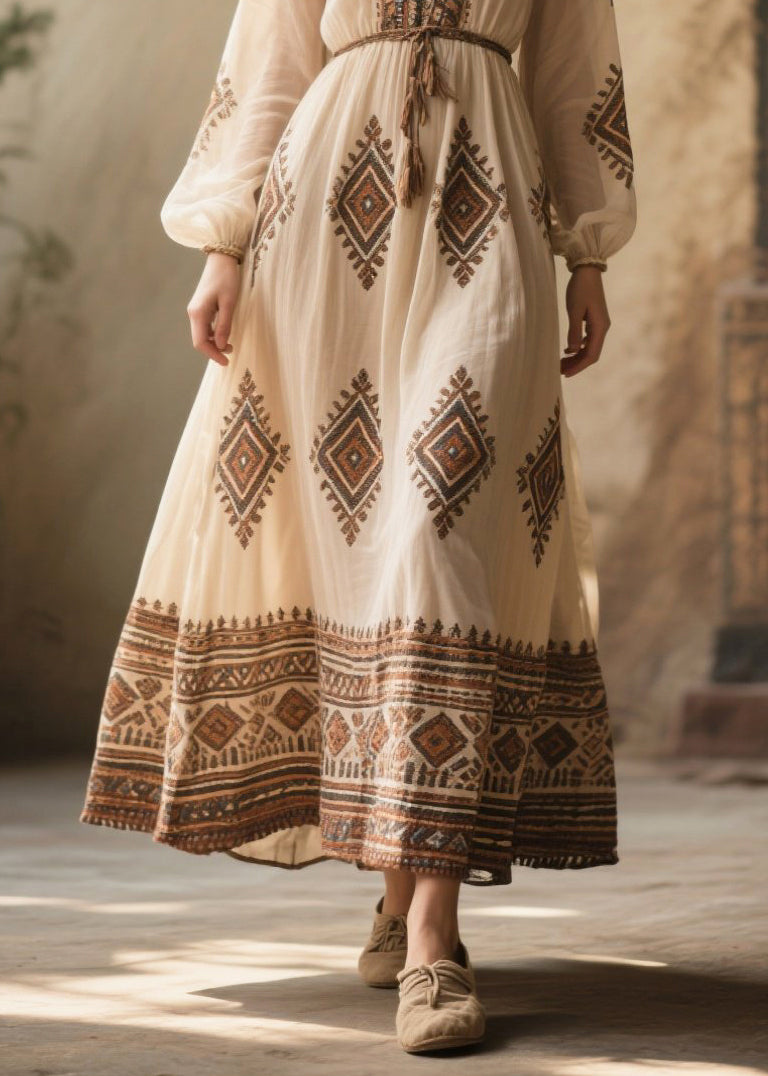 Bohemian White V Neck Print Chiffon Dresses Fall