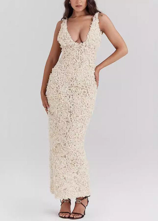 Bohemian White V Neck Side Open Ankle Dress Sleeveless