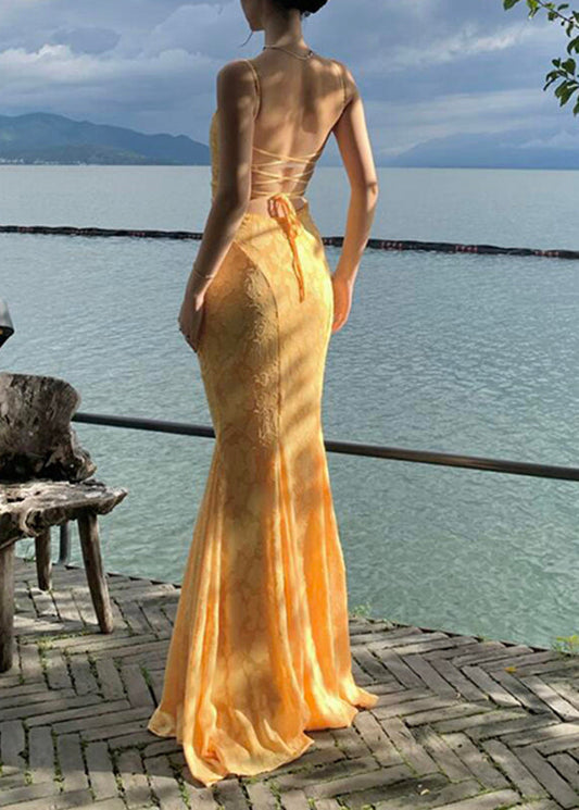 Bohemian Yellow Backless Lace Maxi Spaghetti Strap FishTail Dress Sleeveless