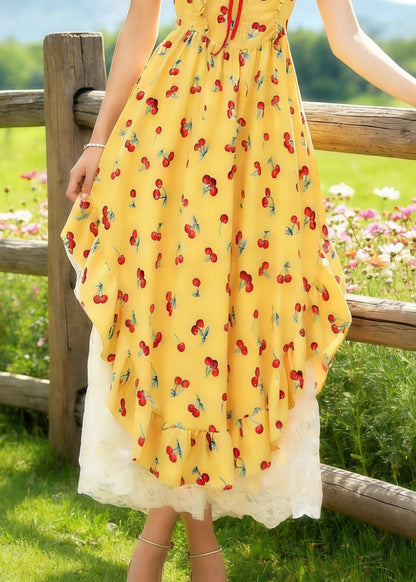 Bohemian Yellow Backless Print Spaghetti Strap Dress And White Lace Skirt Cotton Two Piece Set Sleeveless