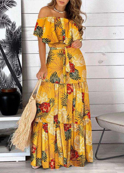 Bohemian Yellow Cold Shoulder Print Wrinkled Maxi Dress Short Sleeve