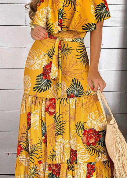 Bohemian Yellow Cold Shoulder Print Wrinkled Maxi Dress Short Sleeve