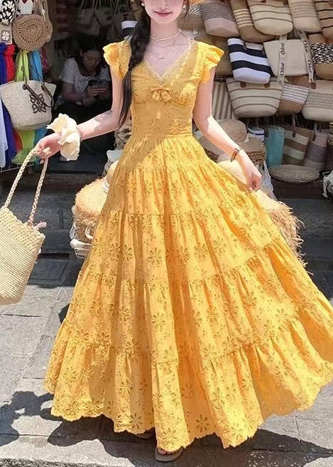 Bohemian Yellow Embroidered Cotton Robe Dresses Summer