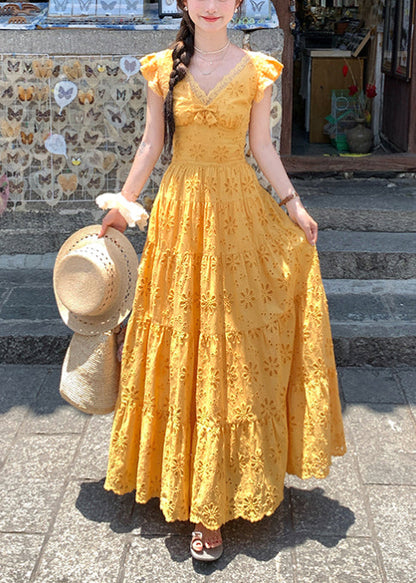 Bohemian Yellow Embroidered Cotton Robe Dresses Summer