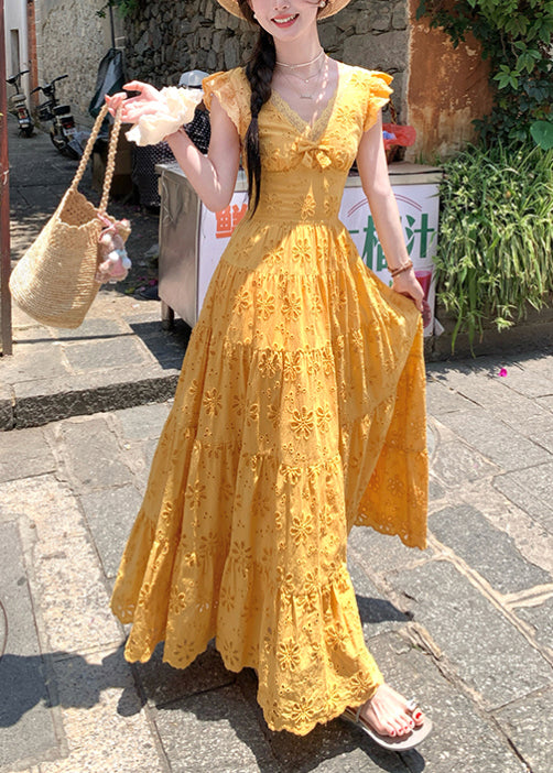 Bohemian Yellow Embroidered Cotton Robe Dresses Summer