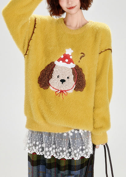 Bohemian Yellow Embroidered Dog Warm Fuzzy Fur Fluffy Knit Pullover Winter