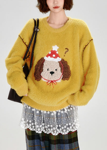 Bohemian Yellow Embroidered Dog Warm Fuzzy Fur Fluffy Knit Pullover Winter