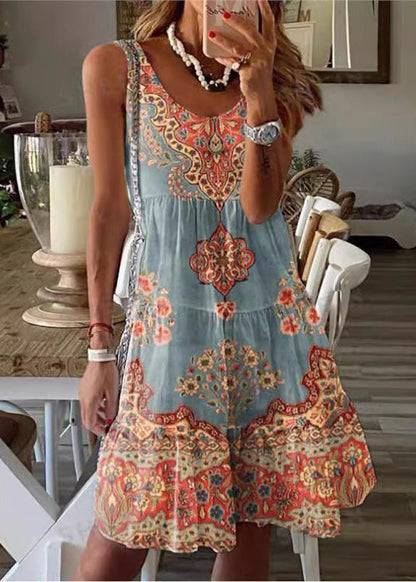 Bohemian Yellow Green Print Cotton Mid Dress Sleeveless