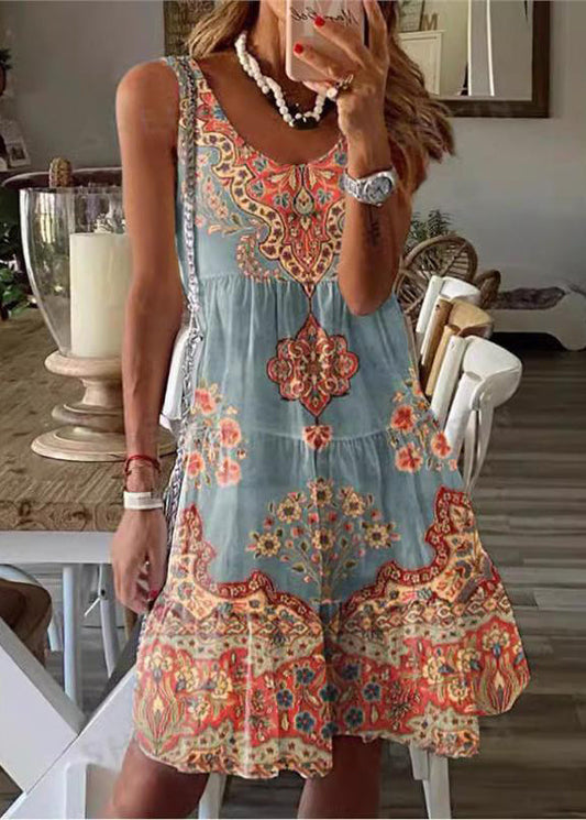 Bohemian Yellow Green Print Cotton Mid Dress Sleeveless