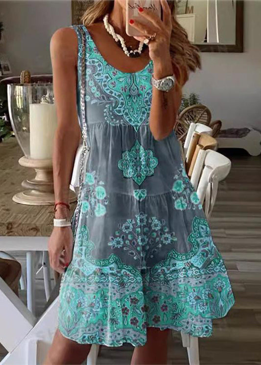 Bohemian Yellow Green Print Cotton Mid Dress Sleeveless