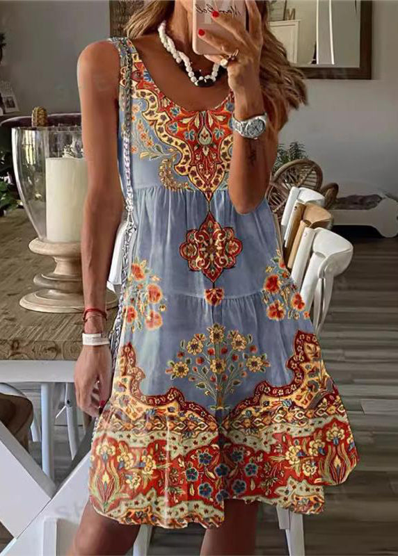 Bohemian Yellow Green Print Cotton Mid Dress Sleeveless