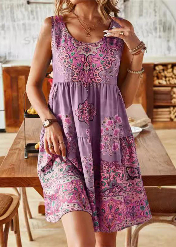 Bohemian Yellow Green Print Cotton Mid Dress Sleeveless