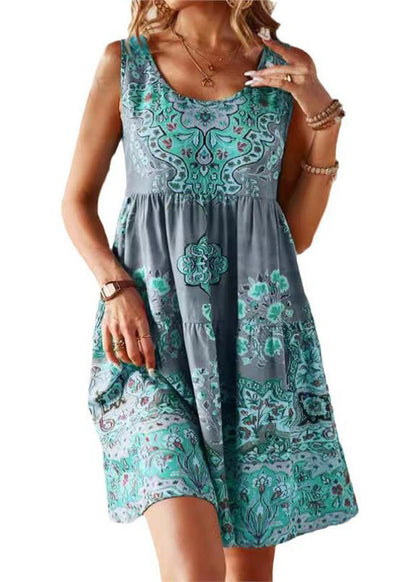 Bohemian Yellow Green Print Cotton Mid Dress Sleeveless
