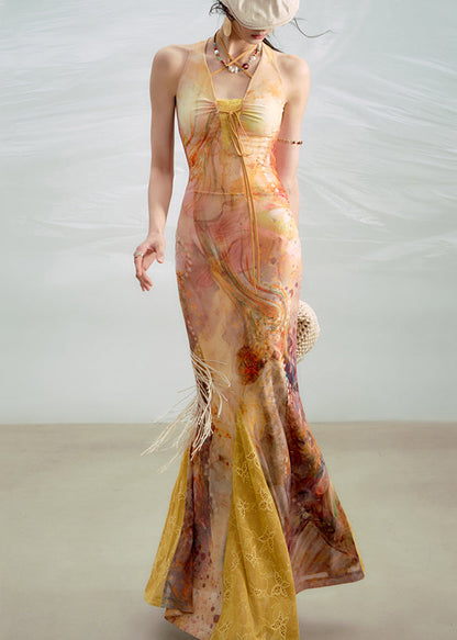 Bohemian Yellow Lace Up Print Lace Ankle Dress Summer