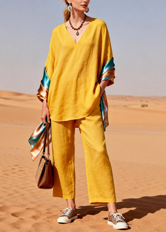 Bohemian Yellow Oversized Patchwork Shawl Cotton Two Piece Set Women Clothing Spring