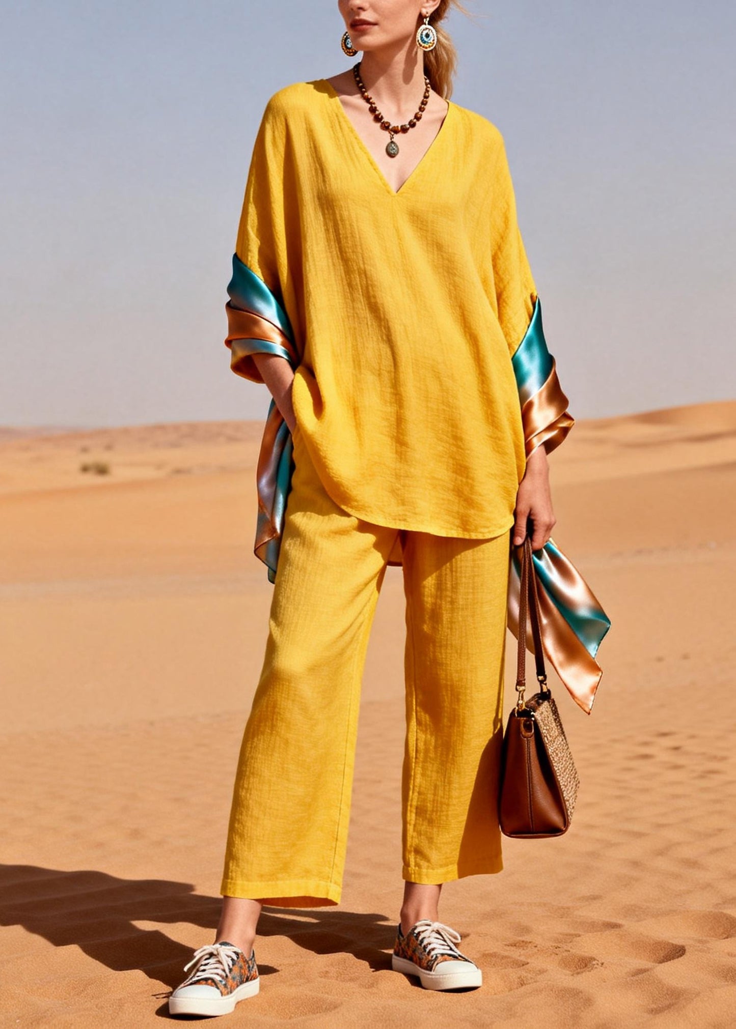 Bohemian Yellow Oversized Patchwork Shawl Cotton Two Piece Set Women Clothing Spring