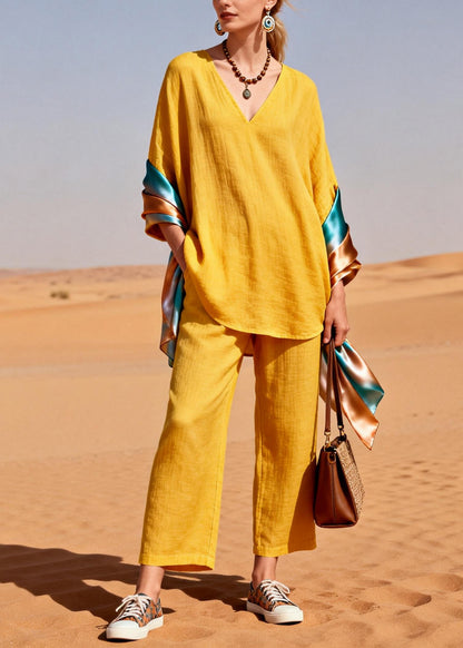 Bohemian Yellow Oversized Patchwork Shawl Cotton Two Piece Set Women Clothing Spring