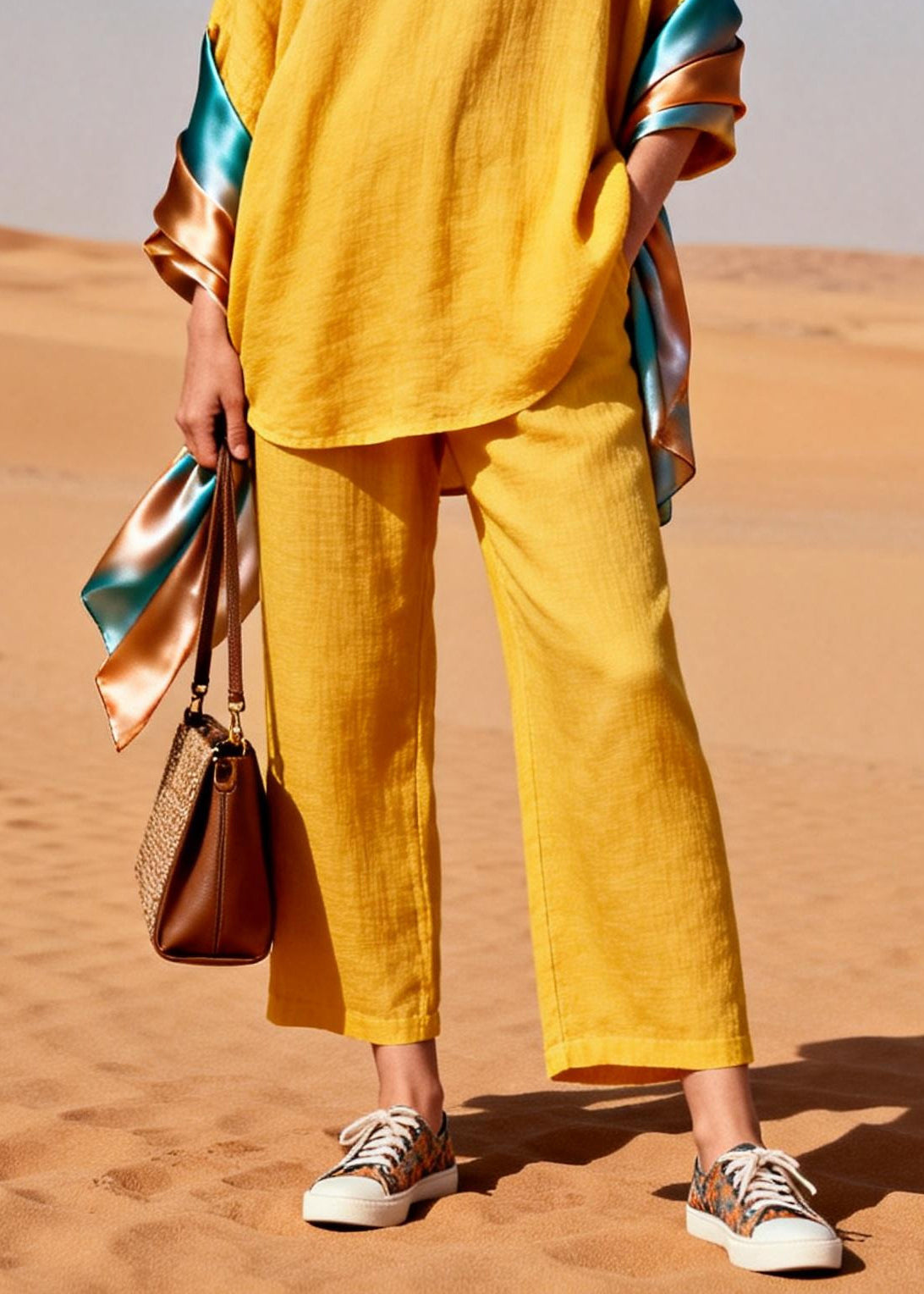 Bohemian Yellow Oversized Patchwork Shawl Cotton Two Piece Set Women Clothing Spring