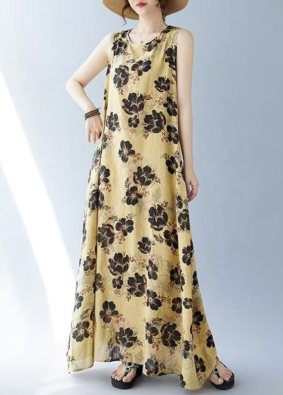 Bohemian Yellow Oversized Print Cotton Dresses Sleeveless