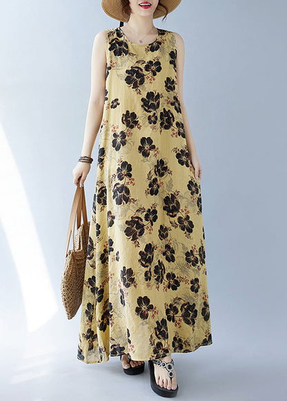 Bohemian Yellow Oversized Print Cotton Dresses Sleeveless