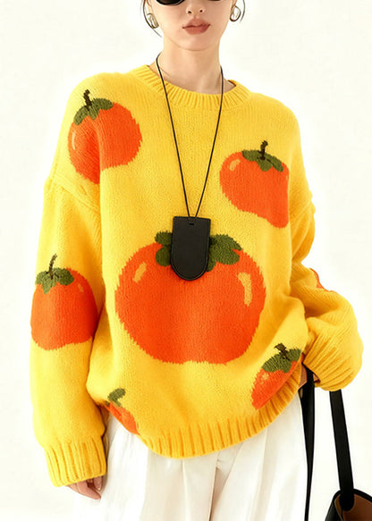 Bohemian Yellow Oversized Tomato Jacquard Knit Pullover Winter