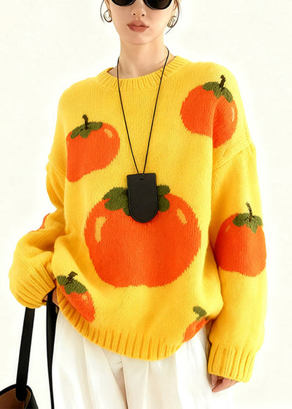 Bohemian Yellow Oversized Tomato Jacquard Knit Pullover Winter