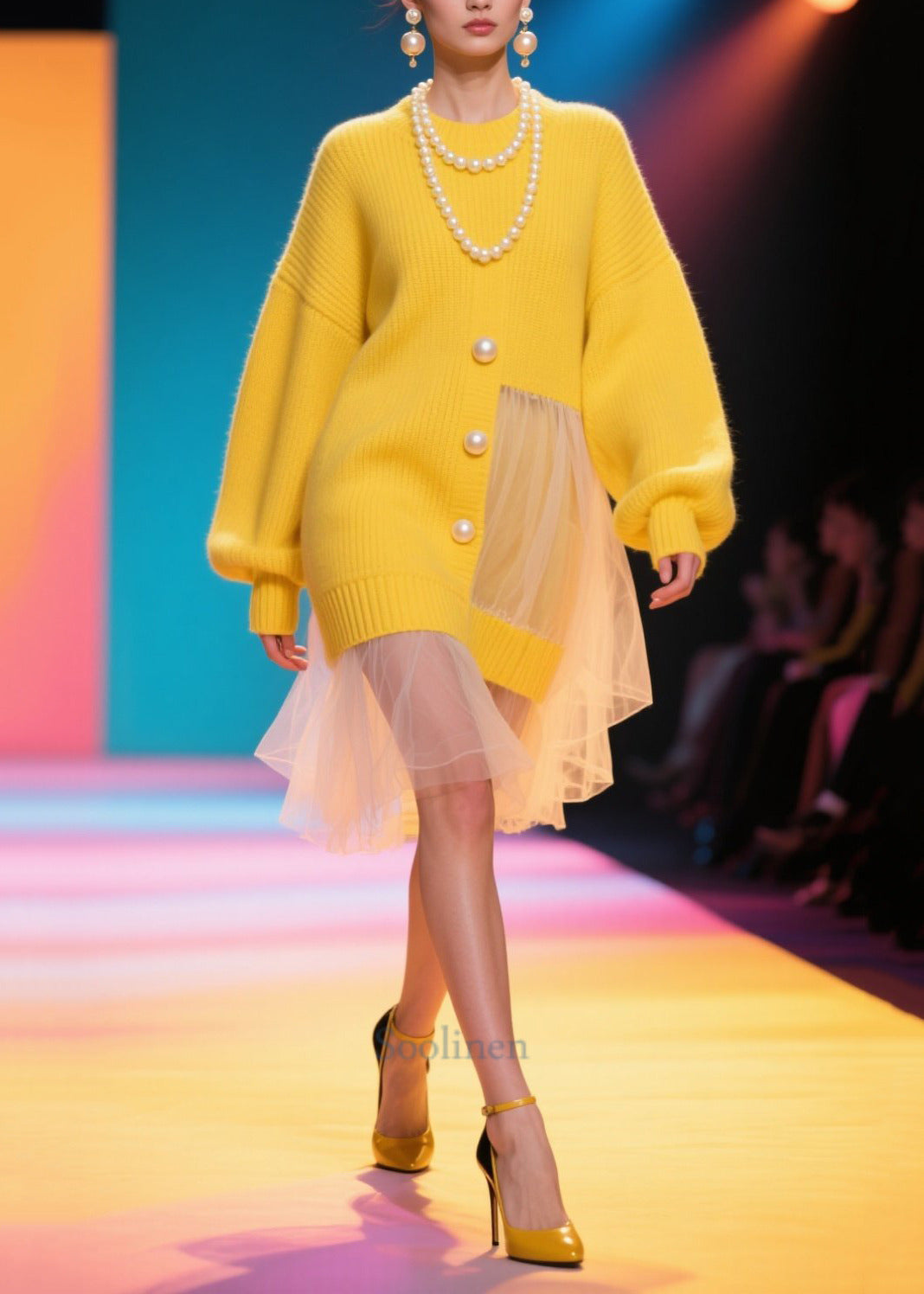 Bohemian Yellow Pearl Patchwork Tulle Sweater Dress Winter