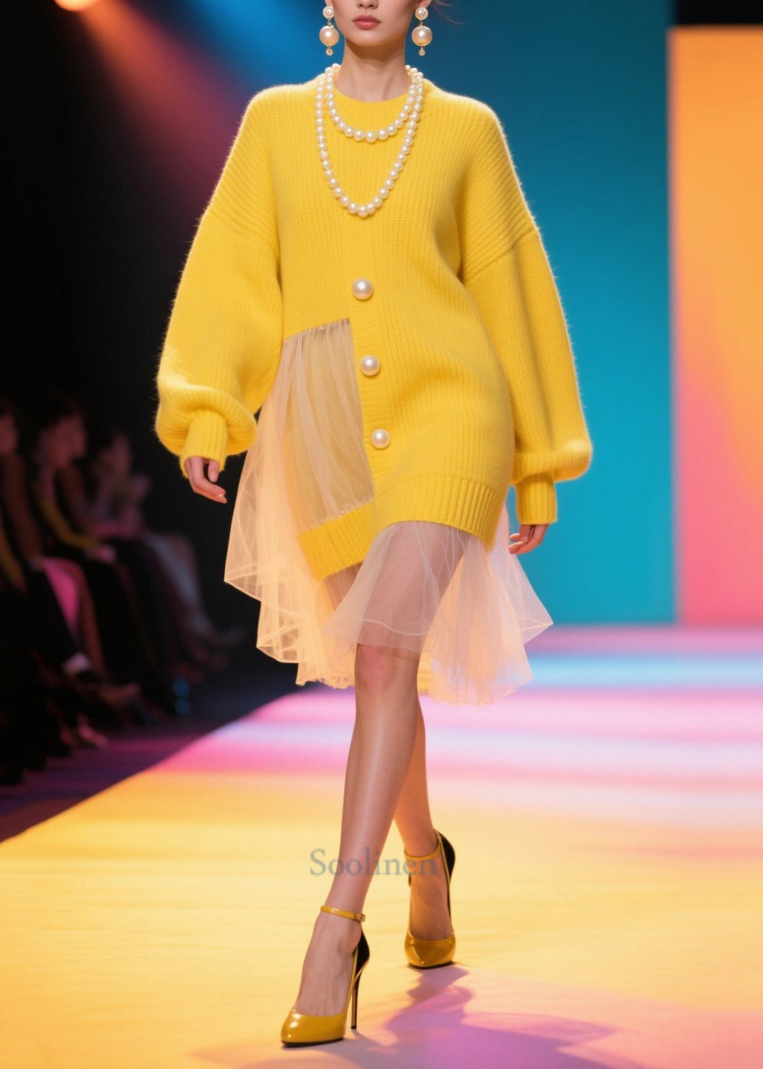 Bohemian Yellow Pearl Patchwork Tulle Sweater Dress Winter